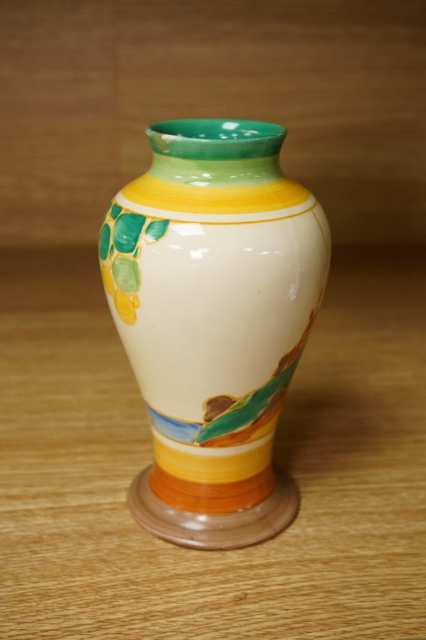 A Clarice Cliff Bizarre ‘Secrets’ pattern vase, circa mid-1930s, 16cm. Condition - restored chip to rim